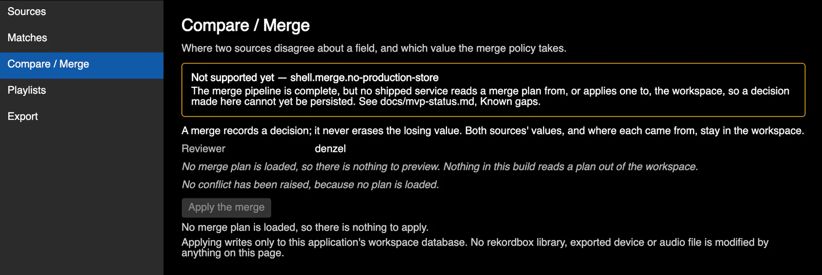 The Compare / Merge screen of Buried Lies, reporting shell.merge.no-production-store, the rule that a merge records a decision without erasing the losing value, and a disabled Apply the merge button because no merge plan is loaded.