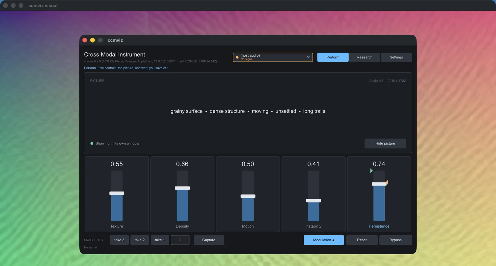 The Cross-Modal Instrument control panel floating over its own full-screen picture output. The panel shows the five perceptual faders — Texture 0.55, Density 0.66, Motion 0.50, Instability 0.41, Persistence 0.74 — above snapshot and bypass controls, and the output window behind it renders a grained, cell-structured colour field.