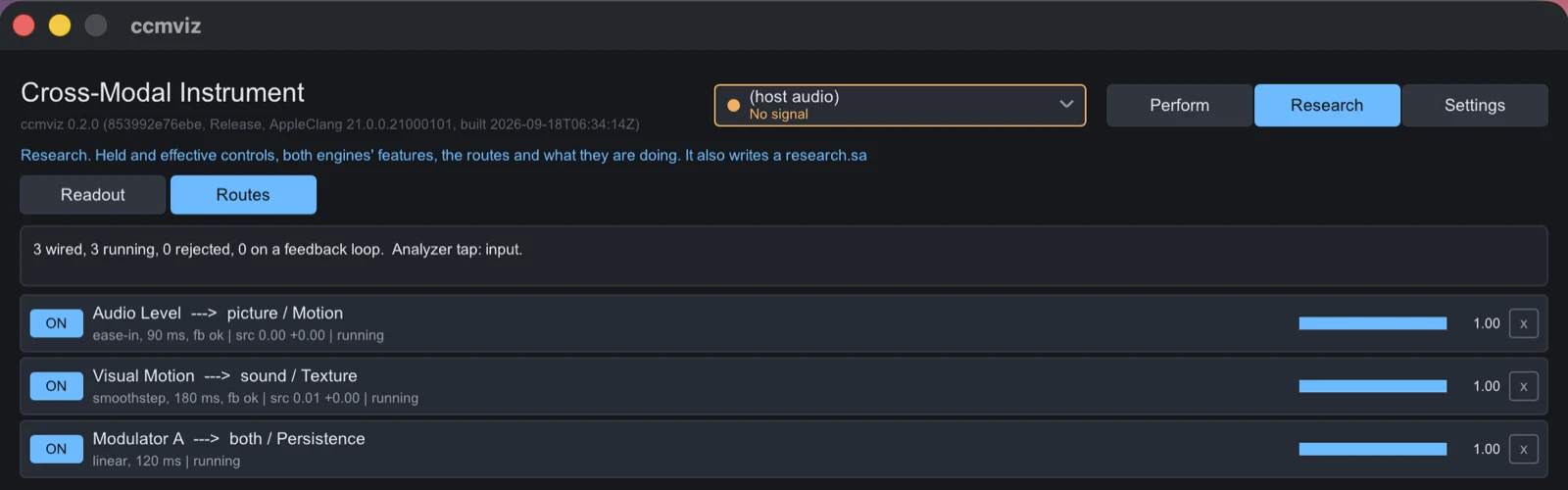 The Routes tab of the instrument’s Research surface, reporting “3 wired, 3 running, 0 rejected, 0 on a feedback loop. Analyzer tap: input.” Below it three route rows: Audio Level to picture / Motion with ease-in over 90 ms, Visual Motion to sound / Texture with smoothstep over 180 ms, and Modulator A to both / Persistence, linear over 120 ms.