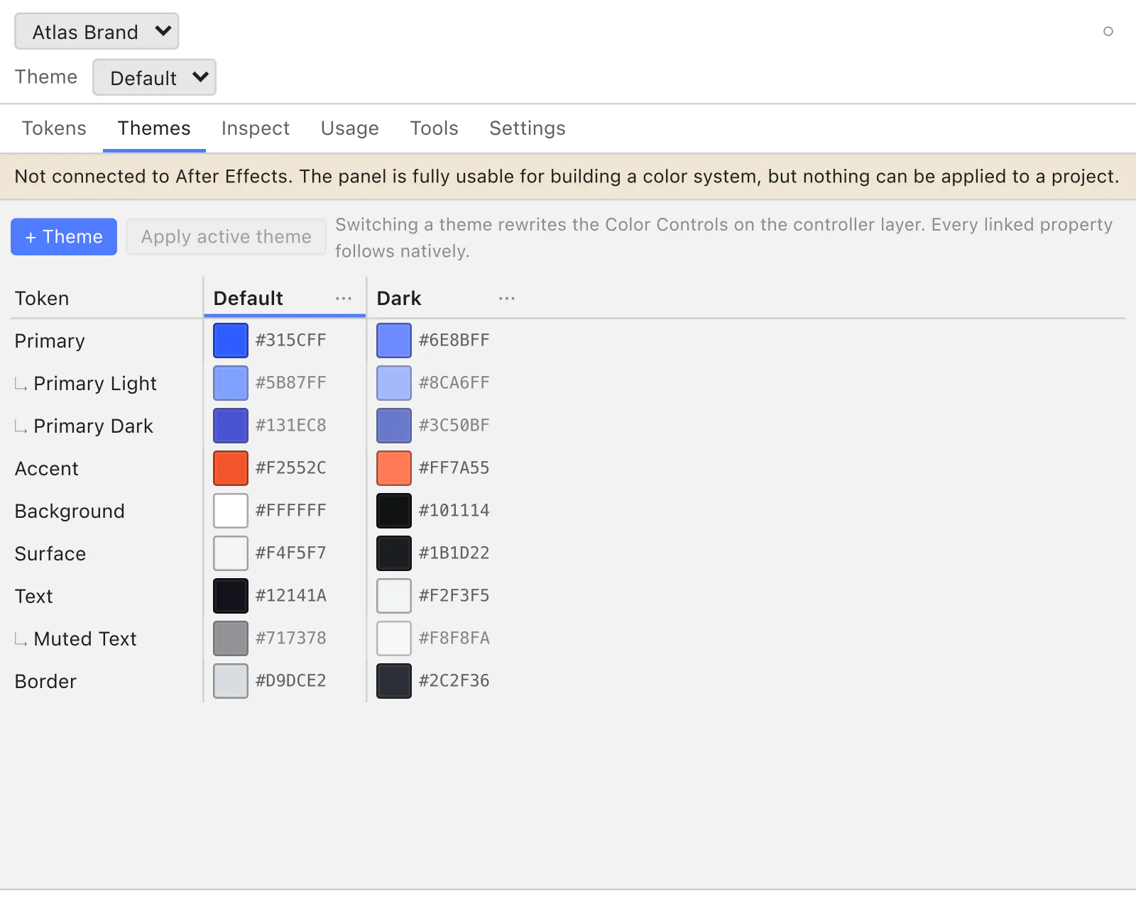 The Spectra panel on its Themes tab, with a colour system called Atlas Brand loaded. A matrix runs nine named roles down the left — Primary, Primary Light, Primary Dark, Accent, Background, Surface, Text, Muted Text and Border — against two theme columns, Default and Dark, each cell carrying a swatch and its hex value. The three derived roles are indented under the role they come from and their values are set in grey, because they are computed rather than entered. A notice across the top says the panel is not connected to After Effects and that nothing can be applied to a project.